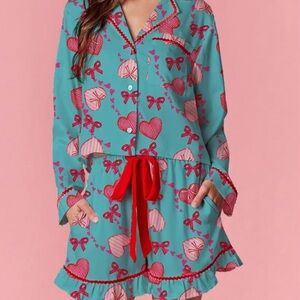 Women's Heart Print Pajama Set - Teal and Red